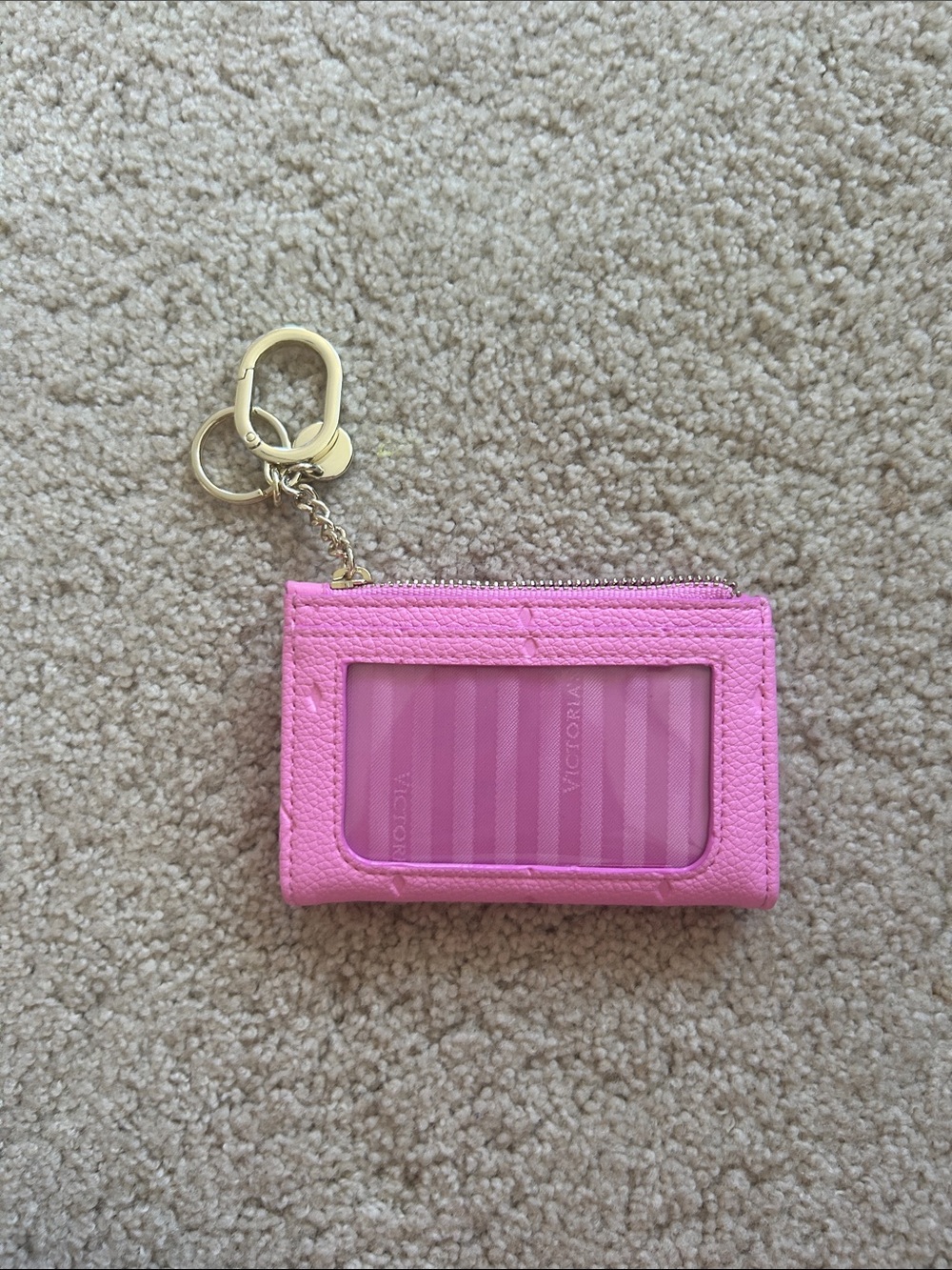 PINK Victoria's Secret Embossed Pink Zip Key & Card Holder with Gold Hardware - Picture 2 of 3